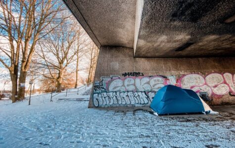 Ein blaues Zelt steht unter einer Betonbrücke aus schneebedeckten Boden. Foto: Mauricio Bustamante