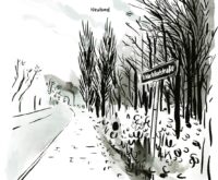 Eine Bleistiftzeichung einer Straße mit dem Straßenschild "Schlachthofstraße"