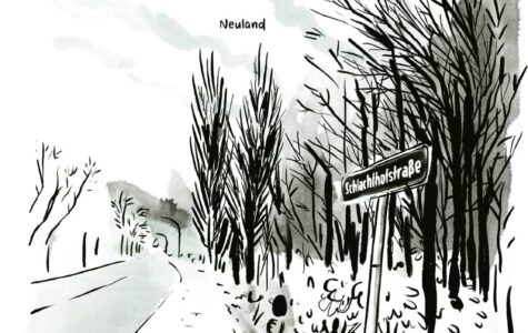 Eine Bleistiftzeichung einer Straße mit dem Straßenschild "Schlachthofstraße"