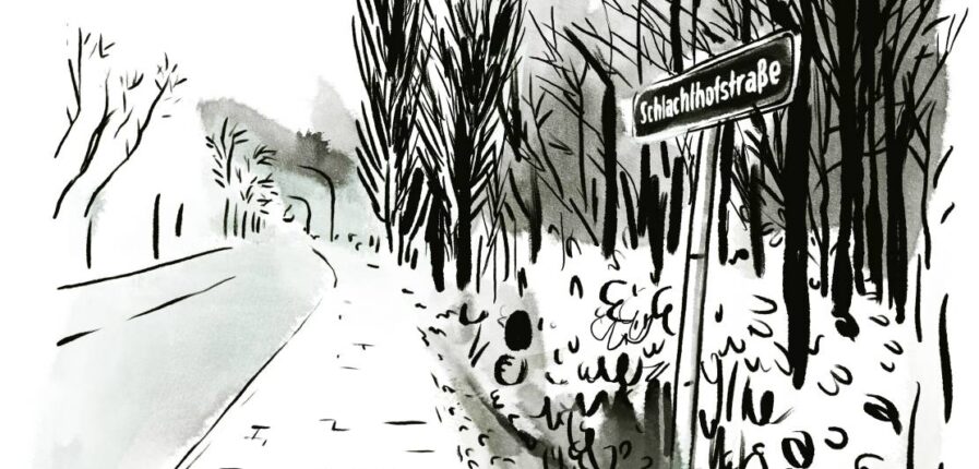 Eine Bleistiftzeichung einer Straße mit dem Straßenschild "Schlachthofstraße"