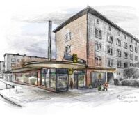 Das einstige Kino am Straßburger Platz: Die Säule auf dem Vordach trug in den 1950er-Jahren die Ufa-Raute. Vor dem Laden verkauft Hinz&Künztlerin Marion das Hamburger Straßenmagazin. Illustration: Ralf Schwinge