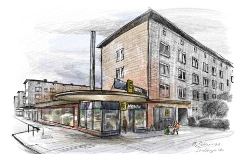 Das einstige Kino am Straßburger Platz: Die Säule auf dem Vordach trug in den 1950er-Jahren die Ufa-Raute. Vor dem Laden verkauft Hinz&Künztlerin Marion das Hamburger Straßenmagazin. Illustration: Ralf Schwinge