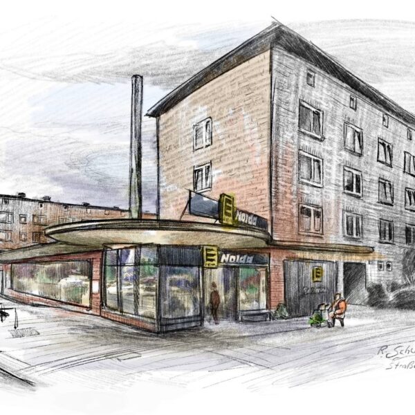 Das einstige Kino am Straßburger Platz: Die Säule auf dem Vordach trug in den 1950er-Jahren die Ufa-Raute. Vor dem Laden verkauft Hinz&Künztlerin Marion das Hamburger Straßenmagazin. Illustration: Ralf Schwinge