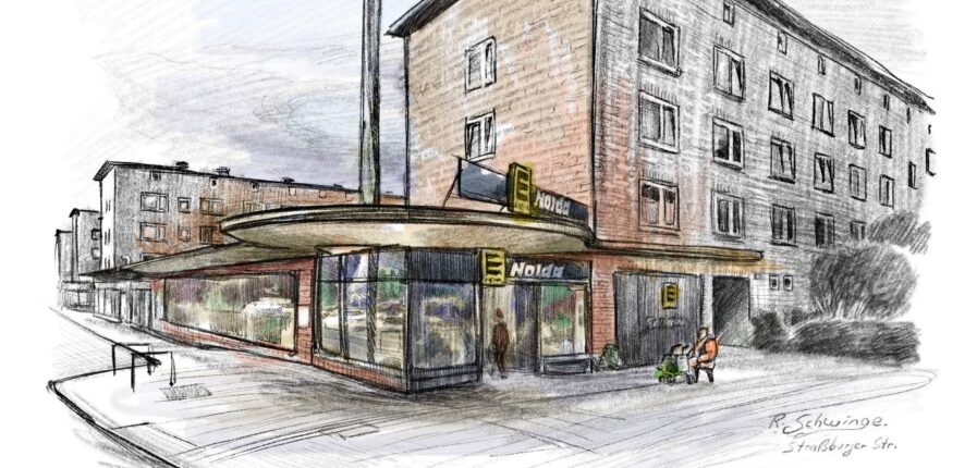 Das einstige Kino am Straßburger Platz: Die Säule auf dem Vordach trug in den 1950er-Jahren die Ufa-Raute. Vor dem Laden verkauft Hinz&Künztlerin Marion das Hamburger Straßenmagazin. Illustration: Ralf Schwinge