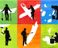 Eine bunte Illustration mit Silhouetten von arbeitenden Menschen