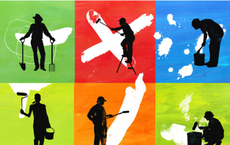 Eine bunte Illustration mit Silhouetten von arbeitenden Menschen