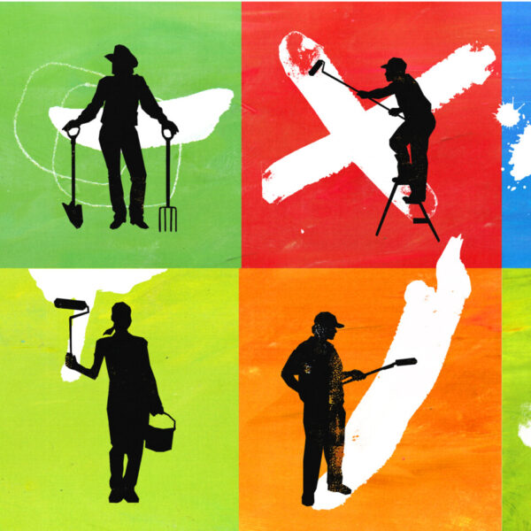 Eine bunte Illustration mit Silhouetten von arbeitenden Menschen