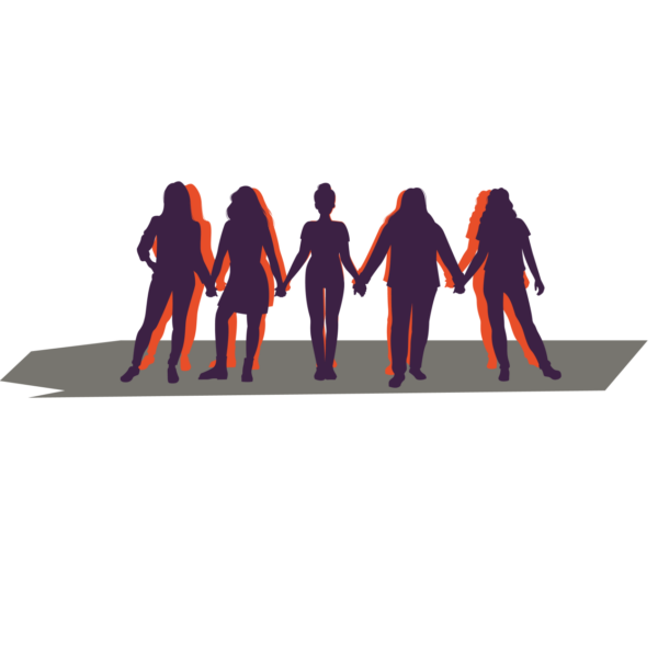 Silhoutten von fünf Frauen, die sich an den Händen halten