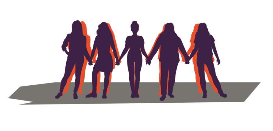 Silhoutten von fünf Frauen, die sich an den Händen halten