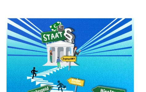 Eine Illustration zeigt eine steile Treppe, die zu einem Amt führt