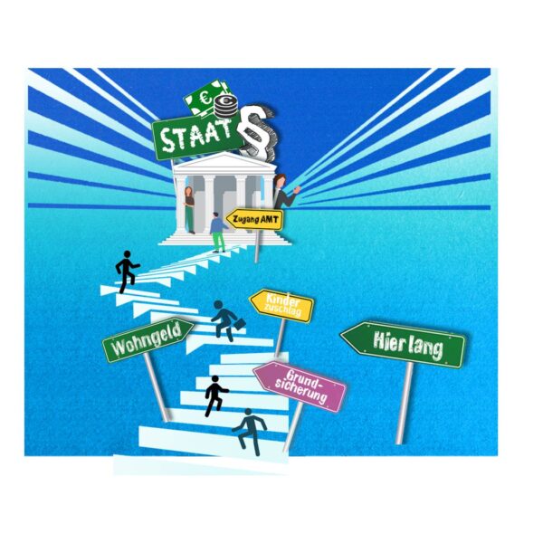 Eine Illustration zeigt eine steile Treppe, die zu einem Amt führt