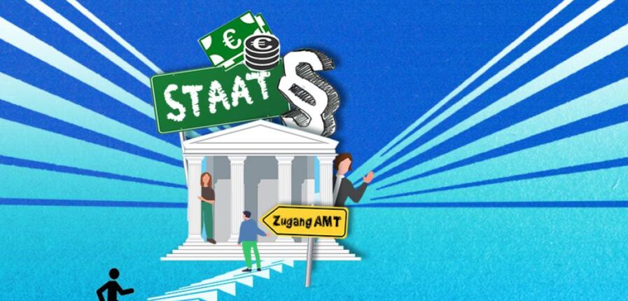 Eine Illustration zeigt eine steile Treppe, die zu einem Amt führt