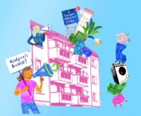 Eine Illustration von einem Mehrfamilienhaus, davor steht eine Frau mit Megaphon und einem Schild, auf dem "Mietpreisbremse!" steht