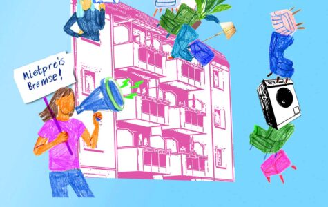 Eine Illustration von einem Mehrfamilienhaus, davor steht eine Frau mit Megaphon und einem Schild, auf dem "Mietpreisbremse!" steht