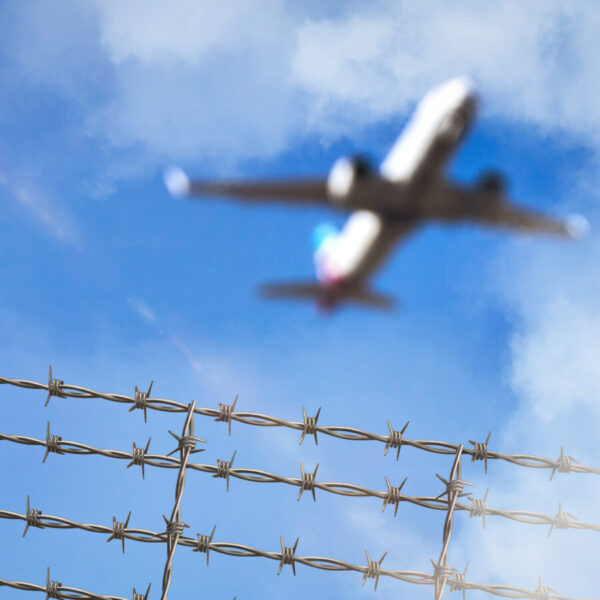 Ein Flugzeug fliegt über Stacheldraht