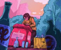 Illustration eines Mannes, der mit der rechten Hand in einen roten Mülleimer fasst.