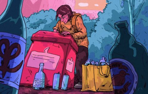 Illustration eines Mannes, der mit der rechten Hand in einen roten Mülleimer fasst.