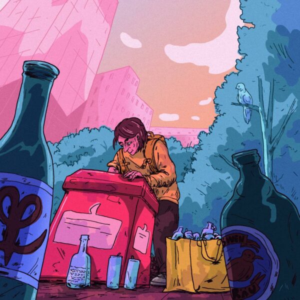 Illustration eines Mannes, der mit der rechten Hand in einen roten Mülleimer fasst.