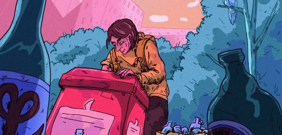 Illustration eines Mannes, der mit der rechten Hand in einen roten Mülleimer fasst.