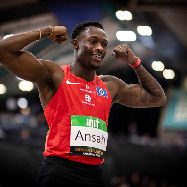 Hoch motiviert: Owen Ansah, hier beim internationalen Leichtathletik „Indoor Meeting“ in der Europahalle in Karlsruhe. Foto: picture alliance / BEAUTIFUL SPORTS