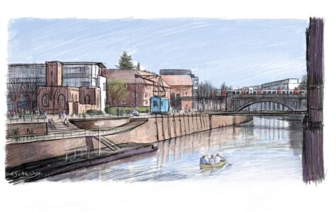 Industriegeschichte und Kanäle prägen den Stadtteil, hier der Blick vom Osterbekkanal zum Museum der Arbeit. Illustration: Ralf Schwinge