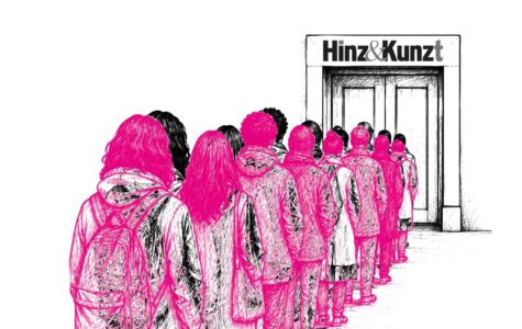 Lange Schlangen vor den Räumen von Hinz&Kunzt: Welcher hohe Besuch war 2019 dafür verantwortlich? Illustration: grafikdeerns.de