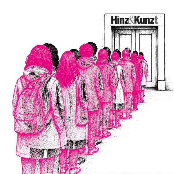 Lange Schlangen vor den Räumen von Hinz&Kunzt: Welcher hohe Besuch war 2019 dafür verantwortlich? Illustration: grafikdeerns.de