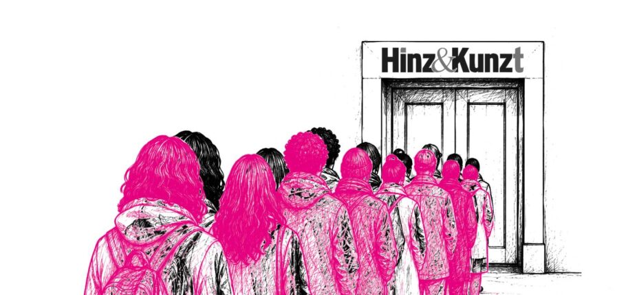 Lange Schlangen vor den Räumen von Hinz&Kunzt: Welcher hohe Besuch war 2019 dafür verantwortlich? Illustration: grafikdeerns.de