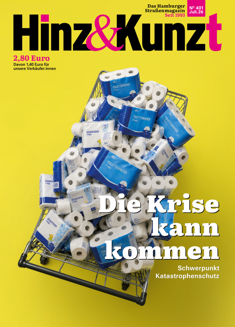 Hinz&Kunzt-Titelseite zeigt einen Einkaufswagen voller Klopapierrollen. Darauf die Zeile: "Die Krise kann kommen"