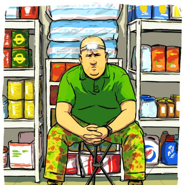 Illustration von einem Mann mit Stirnlampe, der vor einem Regal voller Lebensmittel sitzt