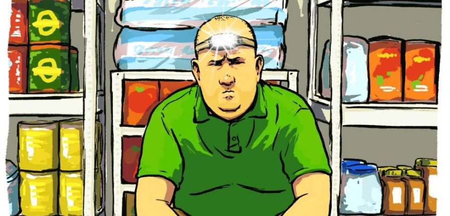 Illustration von einem Mann mit Stirnlampe, der vor einem Regal voller Lebensmittel sitzt