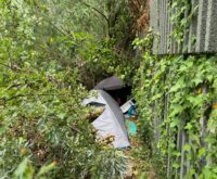 Rechts: Eine graue Lärmschutzwand. Direkt daran anschließend steht ein Zelt im Gebüsch.