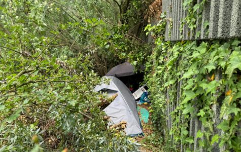 Rechts: Eine graue Lärmschutzwand. Direkt daran anschließend steht ein Zelt im Gebüsch.