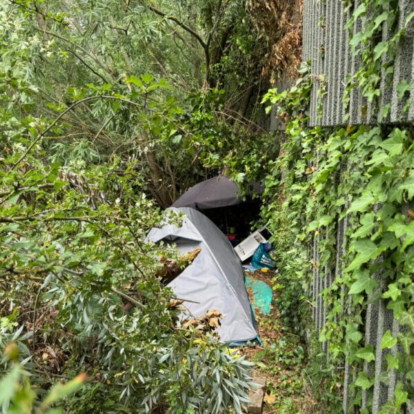 Rechts: Eine graue Lärmschutzwand. Direkt daran anschließend steht ein Zelt im Gebüsch.