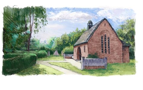Idyllisch gelegen: Die kleine Friedhofskapelle in Finkenwerder. Illustration: Ralf Schwinge