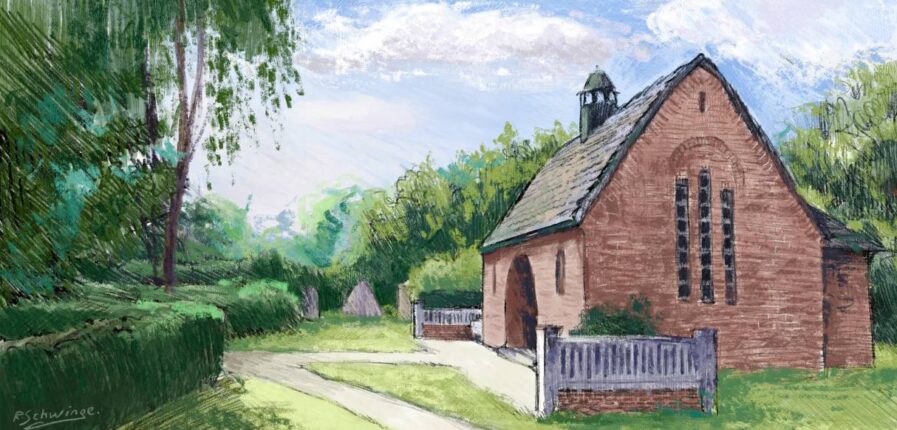 Idyllisch gelegen: Die kleine Friedhofskapelle in Finkenwerder. Illustration: Ralf Schwinge