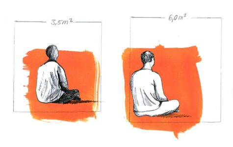 Beengte Verhältnisse: Geflüchteten stehen oft nur 3,5 Quadratmeter pro Person zur Verfügung. Illustration: Julia Pfaller