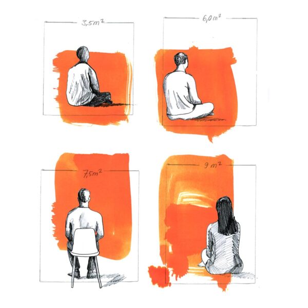 Beengte Verhältnisse: Geflüchteten stehen oft nur 3,5 Quadratmeter pro Person zur Verfügung. Illustration: Julia Pfaller