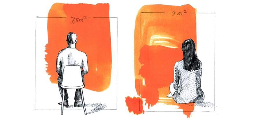 Beengte Verhältnisse: Geflüchteten stehen oft nur 3,5 Quadratmeter pro Person zur Verfügung. Illustration: Julia Pfaller