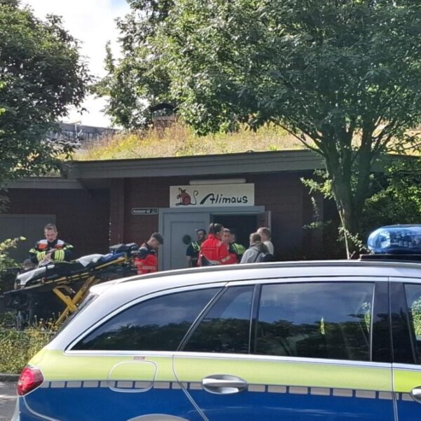 Ein Polizeiauto und mehrere Einsatzkräfte vor der Alimaus